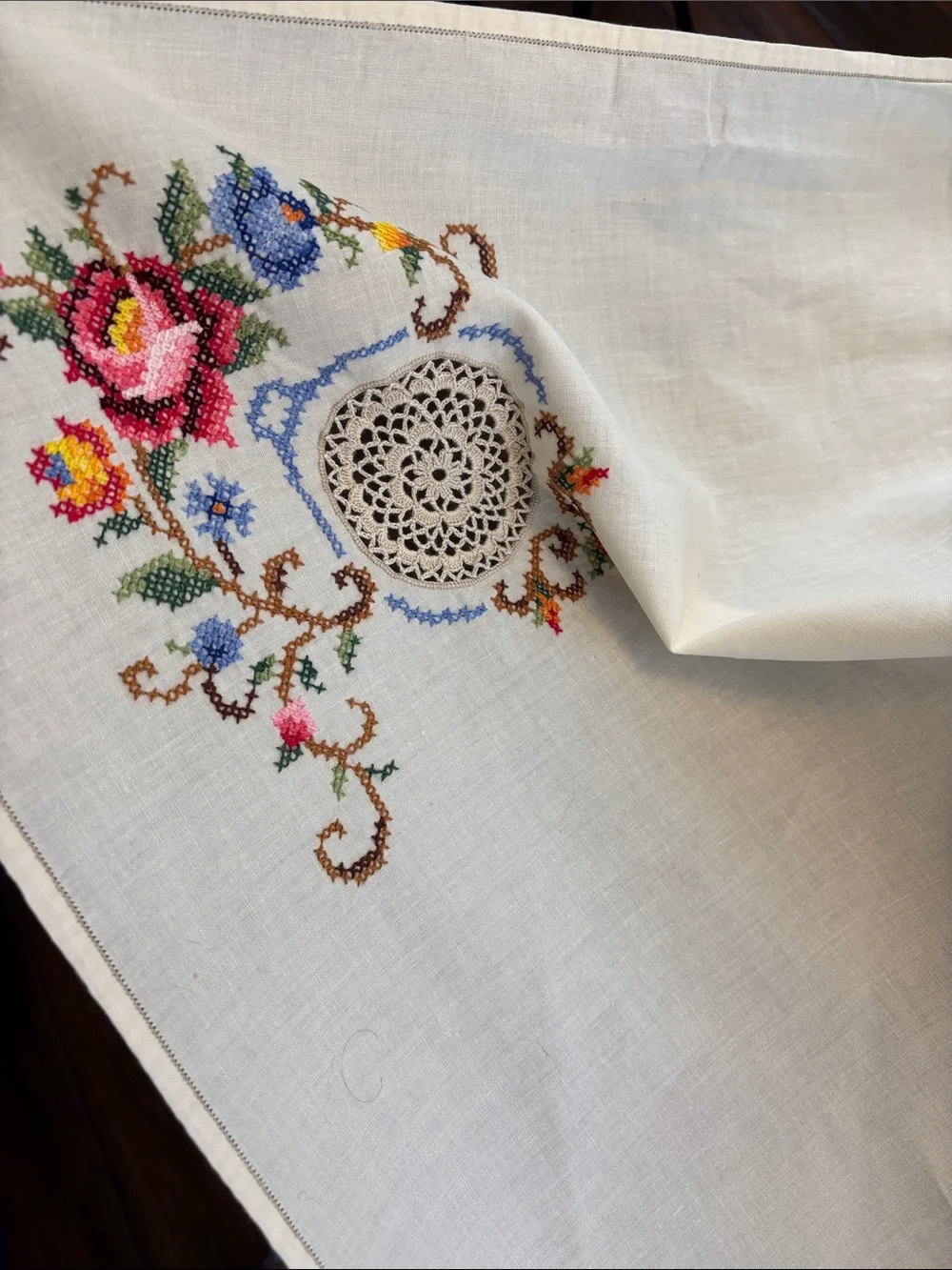 Vintage Large Embroidered & Crochet Floral Tablecloth White, Pink & Multicolor